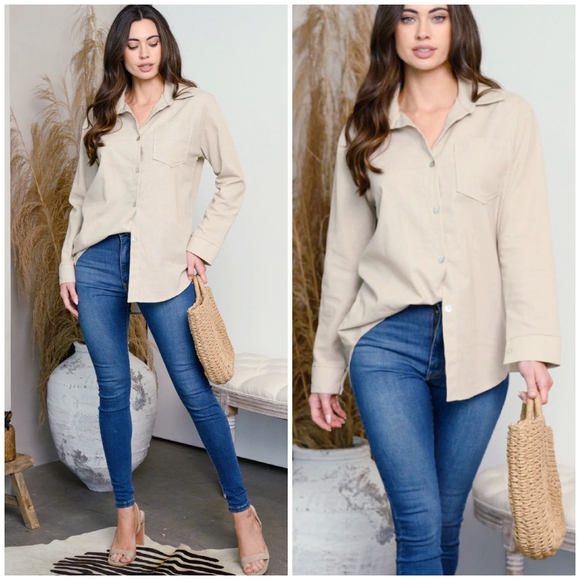 If She Loves Chiv Beige Relaxed Fit Boyfriend Shirt - Picture 8 of 8